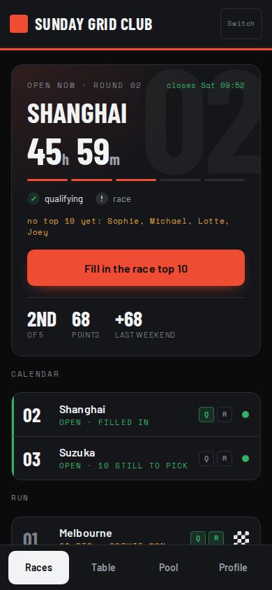 The Predict the Race overview with the next race and a countdown