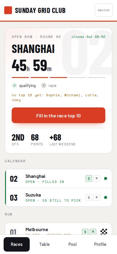 The Predict the Race overview with the next race and a countdown