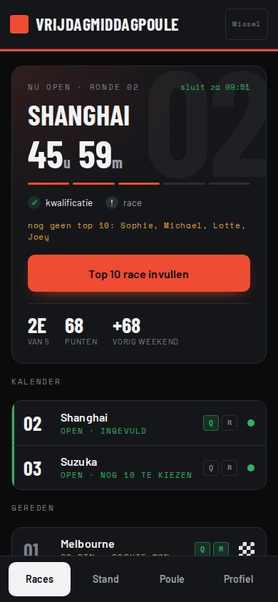 Het racesoverzicht van Predict the Race met de eerstvolgende race en de afteller